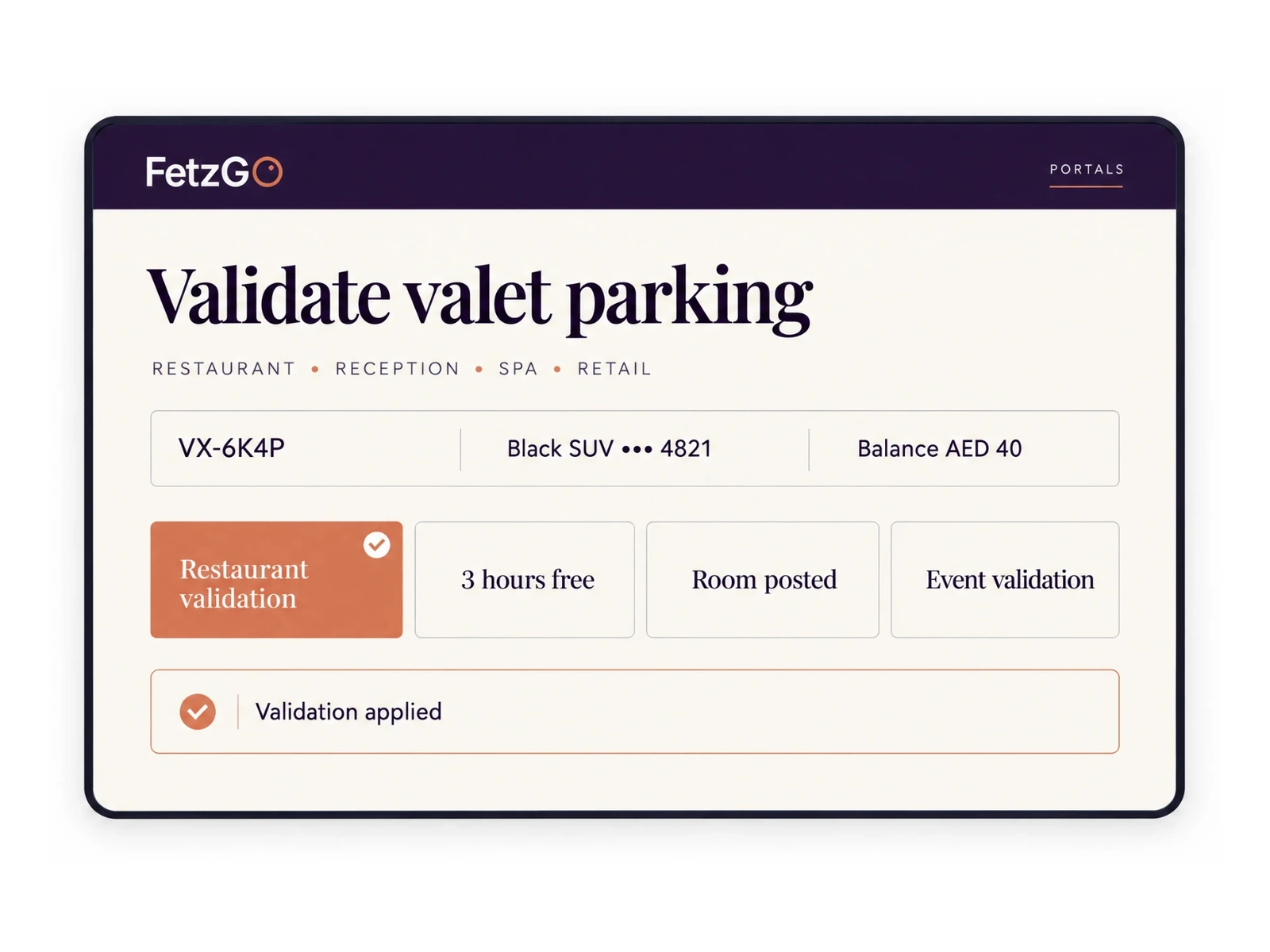 FetzGO restricted venue validation interface shown on a wide screen